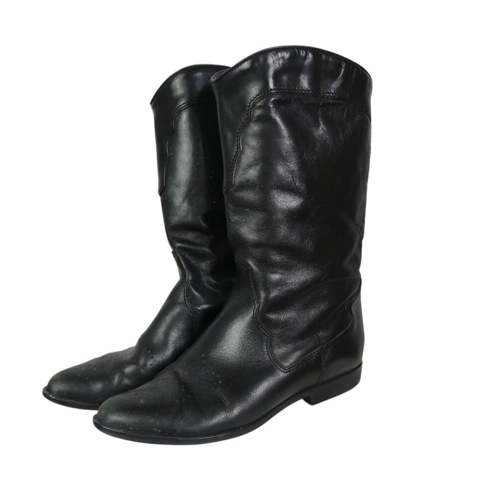 Vintage 90s Bass Black Leather Western Cowboy Boots Mid Calf 7